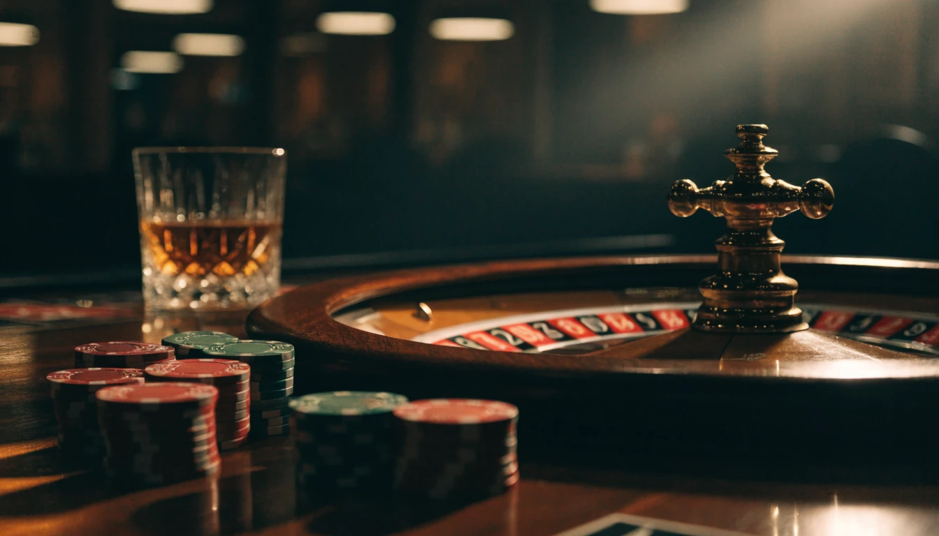 Europeisk roulettehjul på ett elegant casinobord med marker och ett glas whiskey