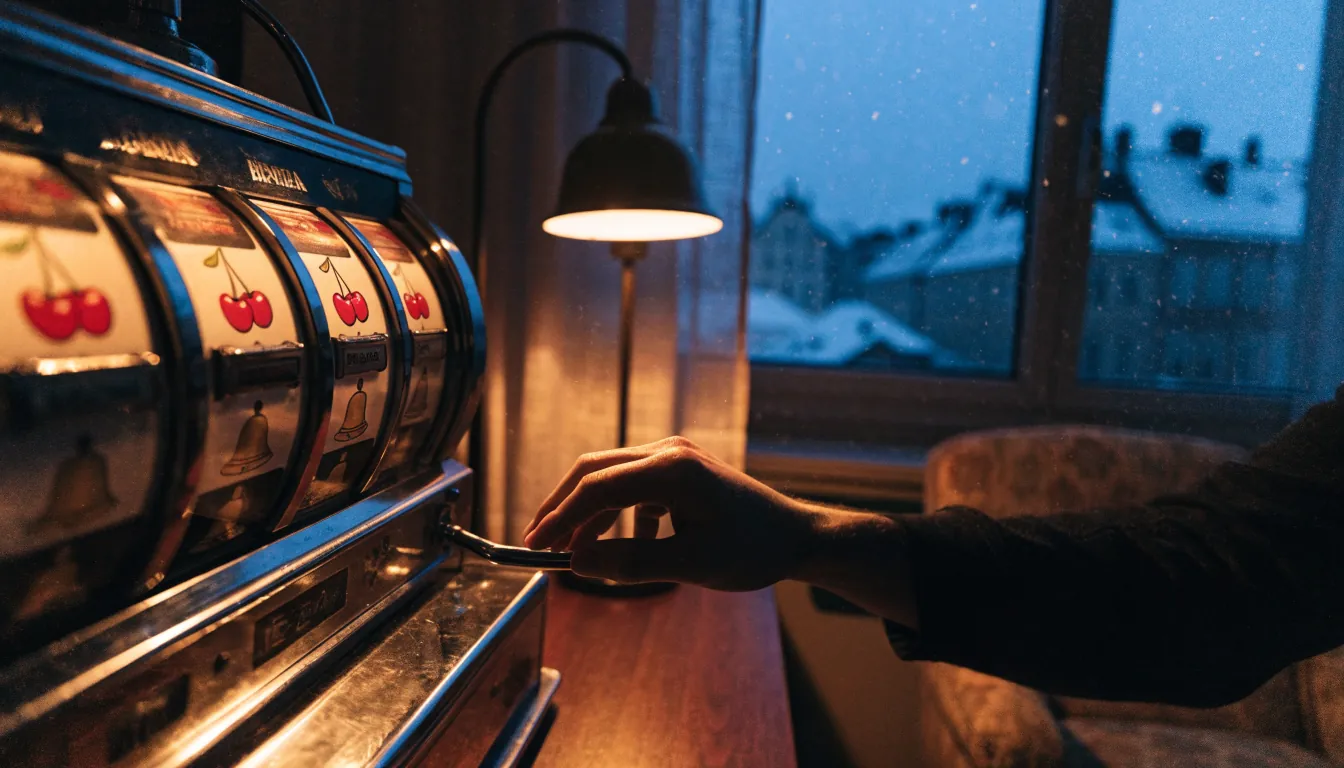 Svensk lägenhet med gammal spelautomat och vinters Stockholm i bakgrunden