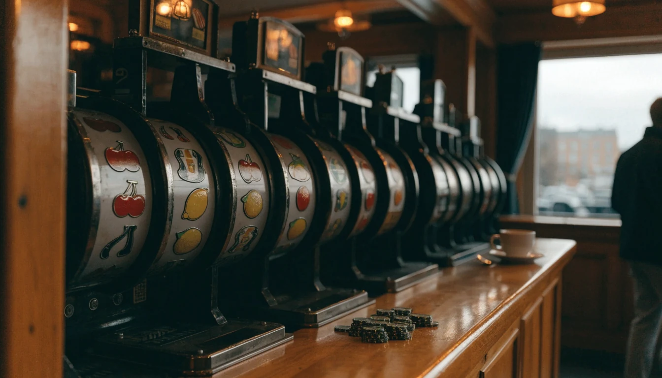 Mekaniska spelautomater i en lugn casinomiljö med varma ljus och inslag av svensk inredning.