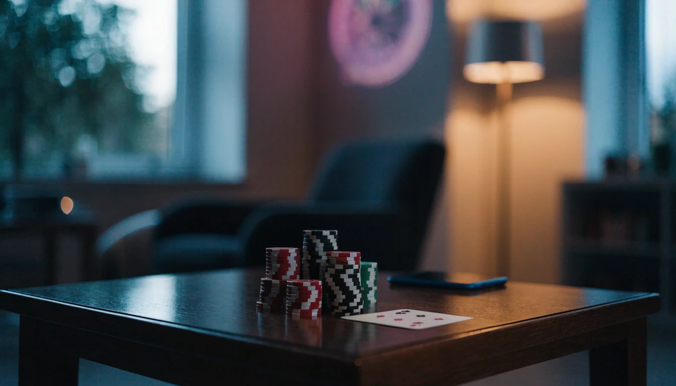 Modern skandinavisk casinomiljö med marker och ett telefonen liggande på bordet