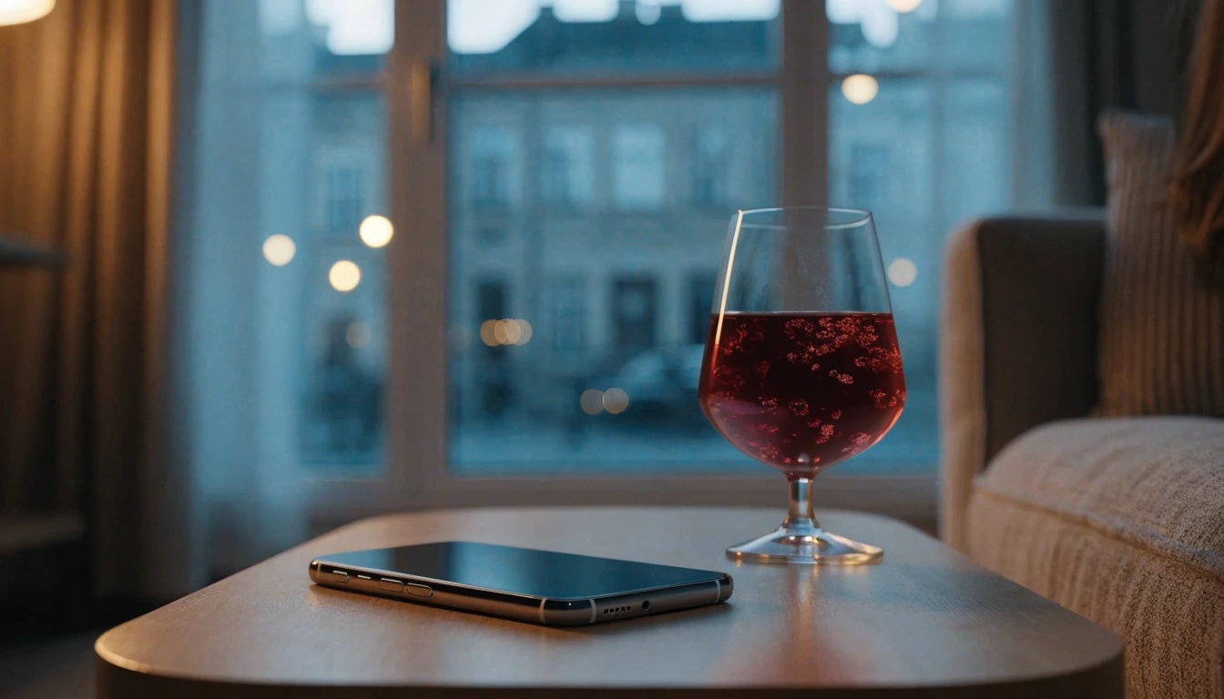 Modern smartphone vid sidan av ett glas på ett soffbord, skandinavisk kvällsatmosfär