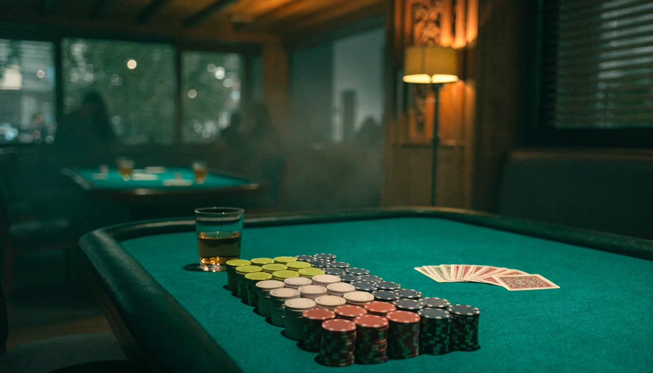 Svensk casinomiljö med blackjackbord, marker och kortkortlek