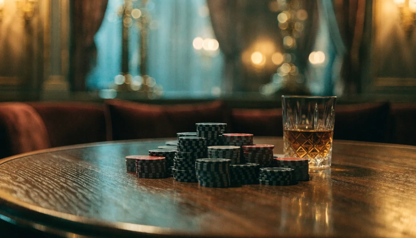 Exklusiv high-roller casinohörna med insatsmarker och whiskeyglas