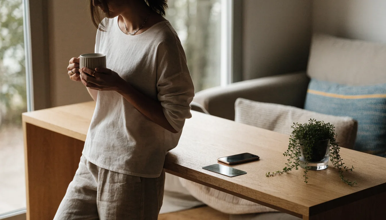 Modernt skandinaviskt hem med telefon och bankkort på ett ljust skrivbord