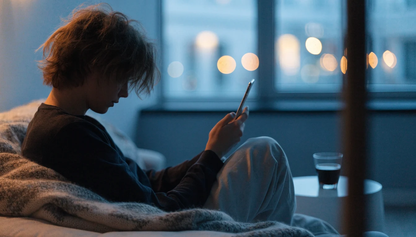 Svensk person med smartphone och kaffe i modern lägenhet