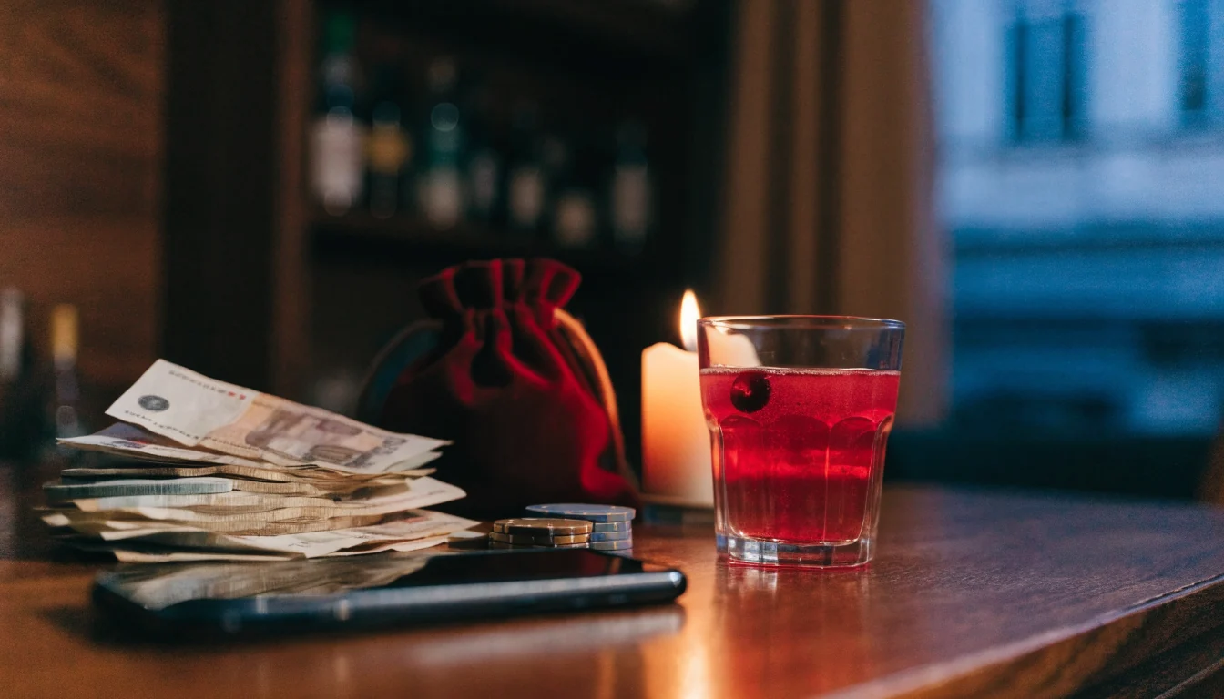 Telefon, kronor och casinofigurer på ett bord i en svensk lägenhet