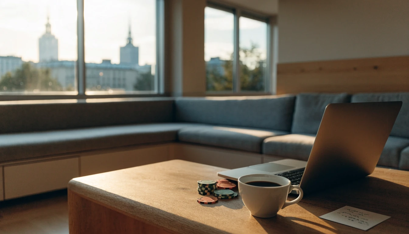 Svensk lägenhet med laptop, casinofigurer och en bonuskod på bordet