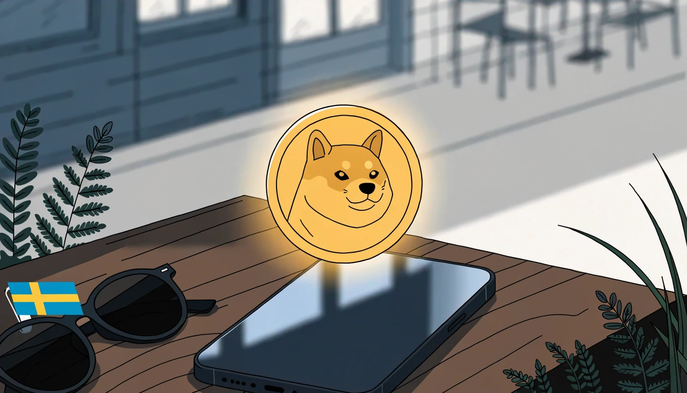 Dogecoin-mynt över en smartphone med svensk flagga