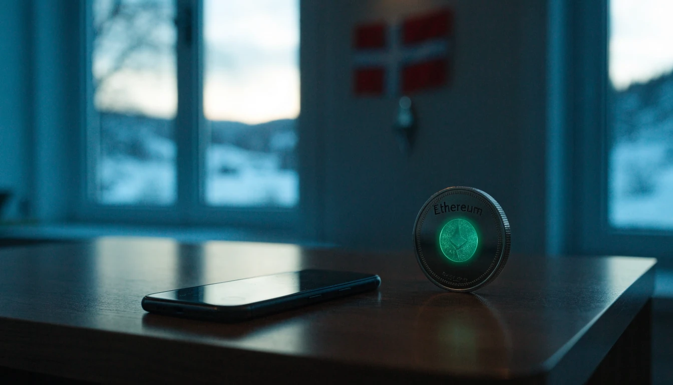 Ethereum-tematik i modernt skandinaviskt rum med svensk accent