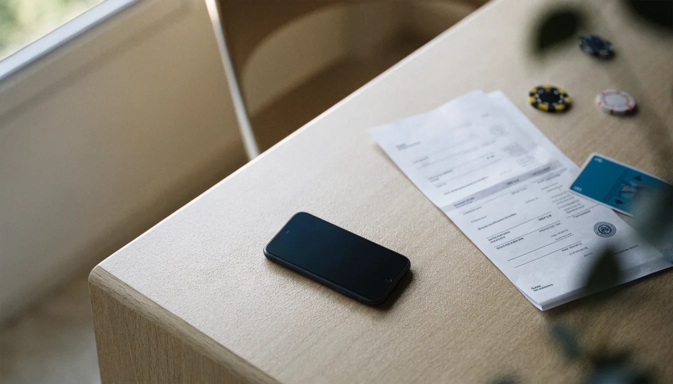 Smartphone med faktura och casinoföremål på skrivbord