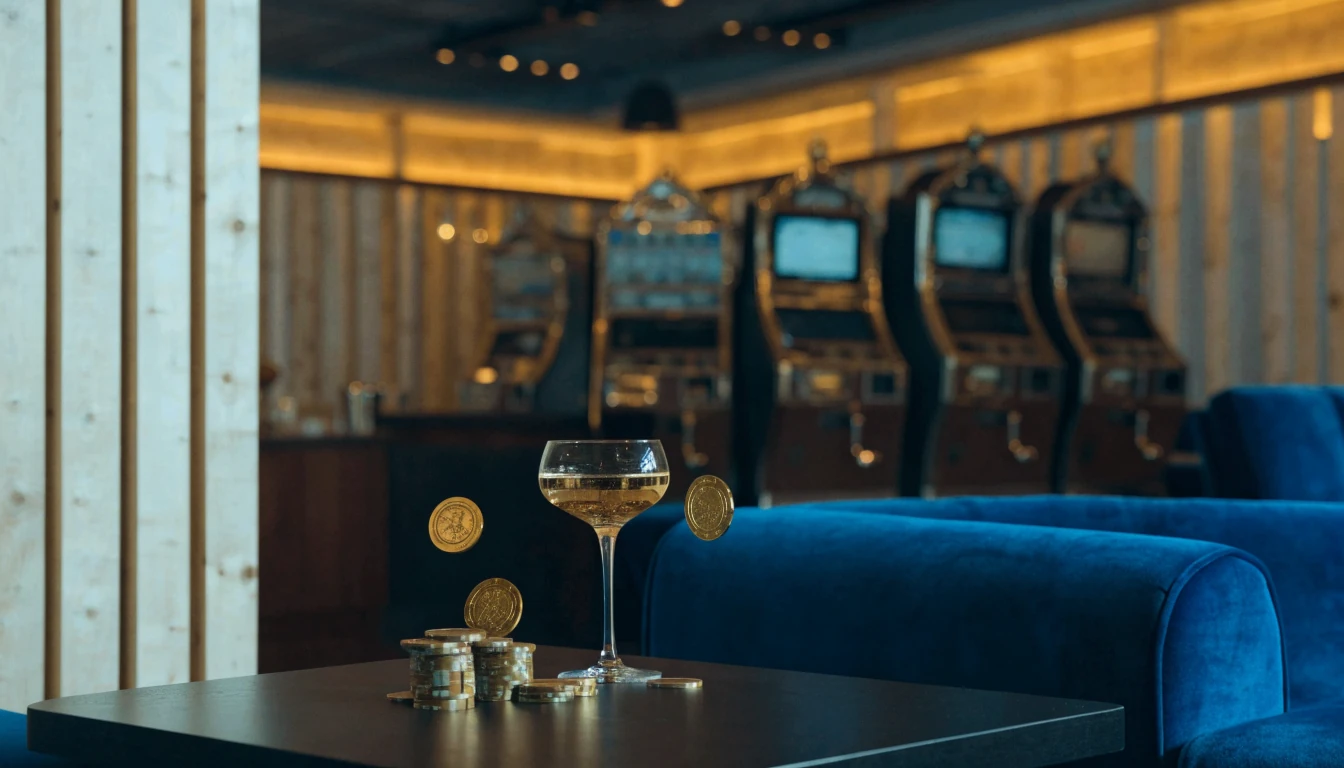 Elegant skandinavisk casinomiljö med gyllene ljus, marker och champagne