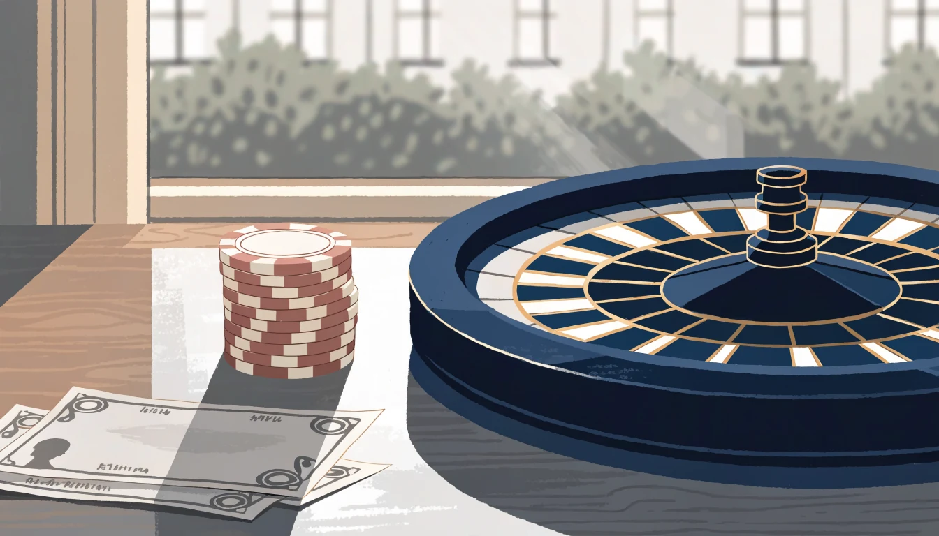 Illustrerad roulett och kasinotokens i nordisk stil.