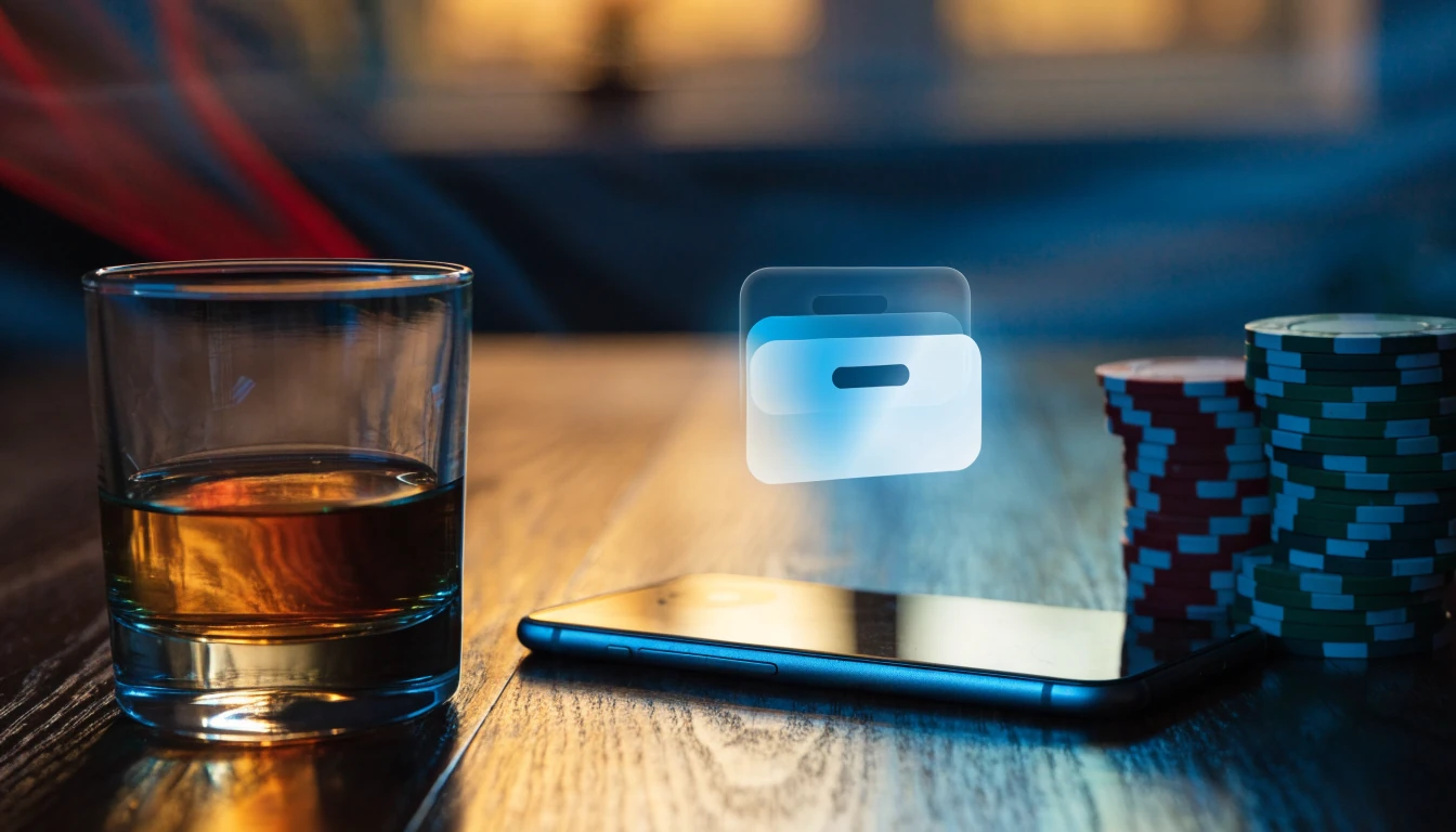 Casinochips och en smartphone med en e-plånbok på ett mörkt bord
