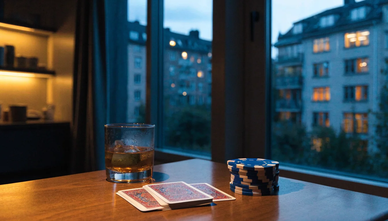 Spelkort och casinotokens på ett bord i ett modernt svenskt vardagsrum