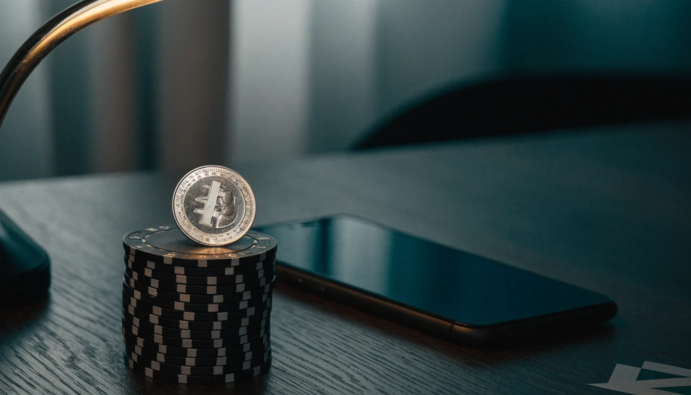 Litecoin-mynt och casinoklichor på ett mörkt skandinaviskt skrivbord