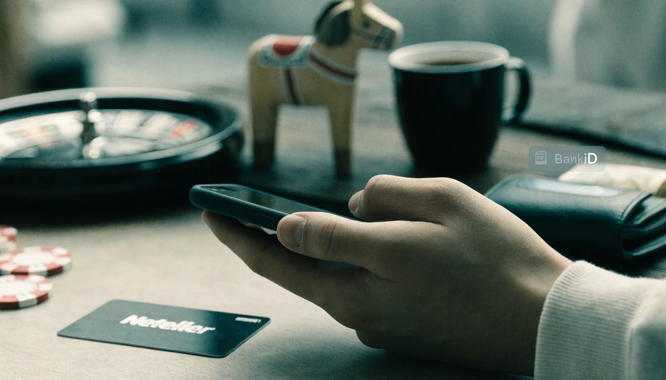 Neteller-kort och casinospelmarker på ett svenskt bord