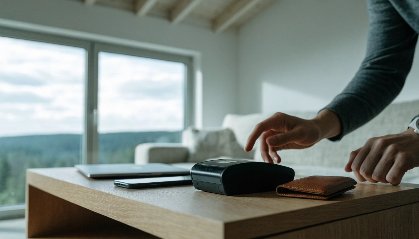 Hand nära en stängd laptop och mobiltelefon i ett ljust vardagsrum som symboliserar säker onlinebetalning med PayPal
