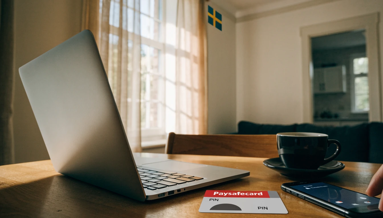Bord med stängd laptop, Paysafecard kupong och svensk flagga