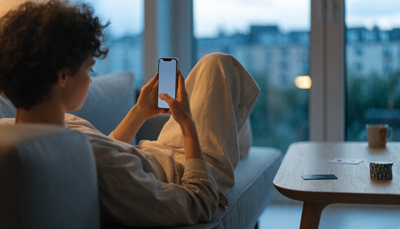 Svensk person med telefon och Revolut-kort vid casinotema