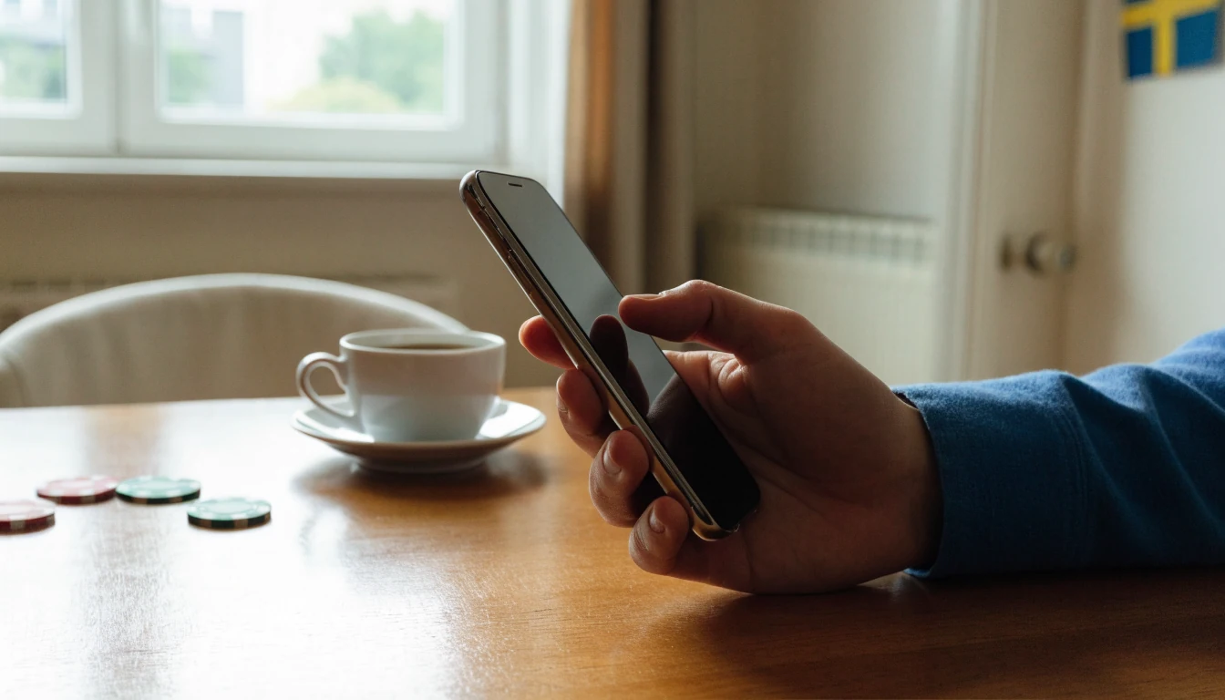 Hand som håller en smartphone i en minimalistisk svensk hemmiljö med casinomarker