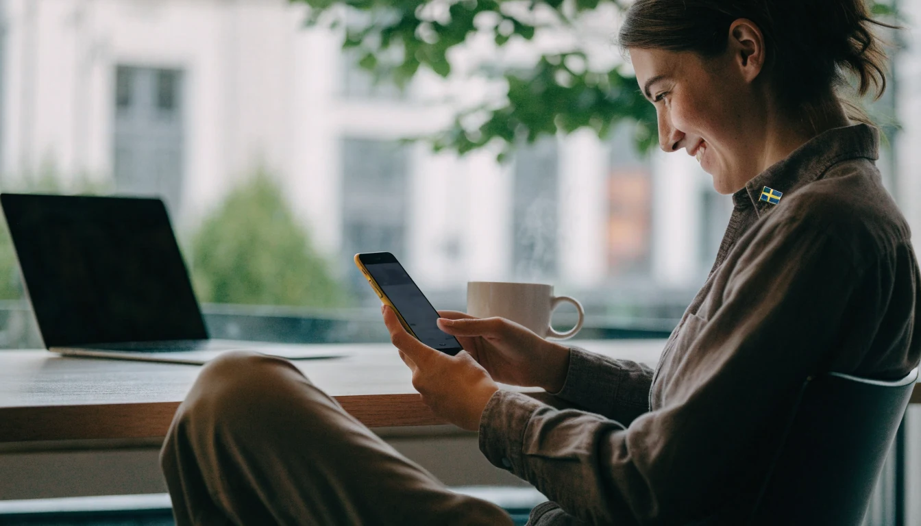 Person vid kafé i Stockholm med smartphone