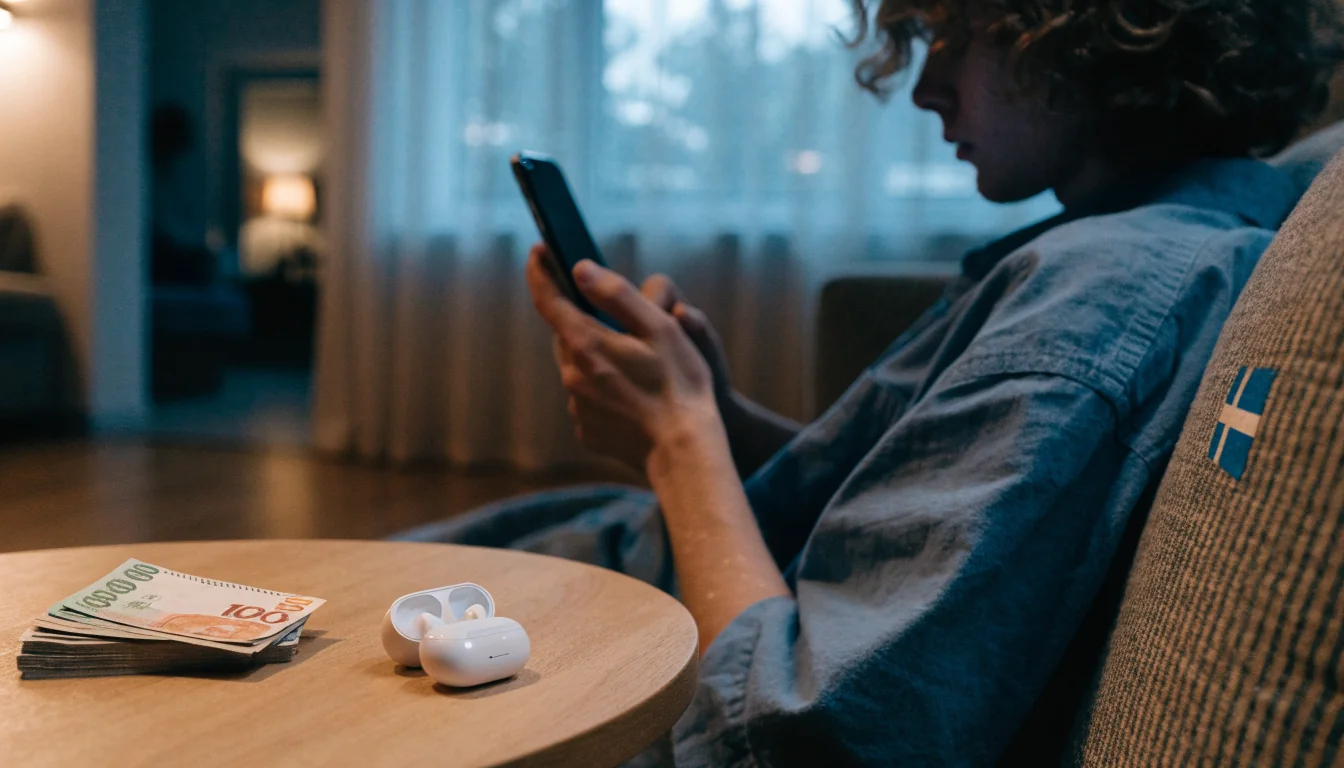 Svensk person med mobiltelefon i modernt vardagsrum med svenska kronor