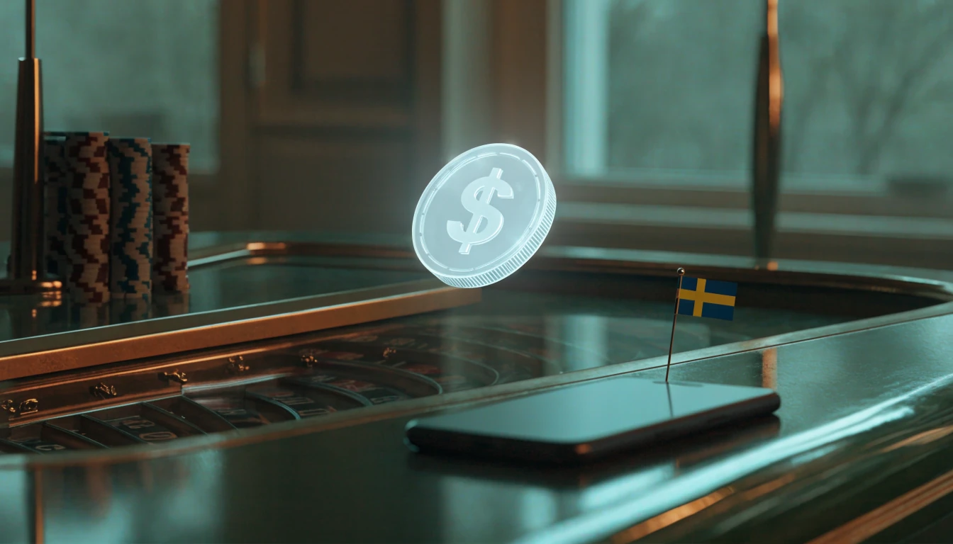 Svenskt kryptocasino med USDT-mynt, roulette och pokerfärger