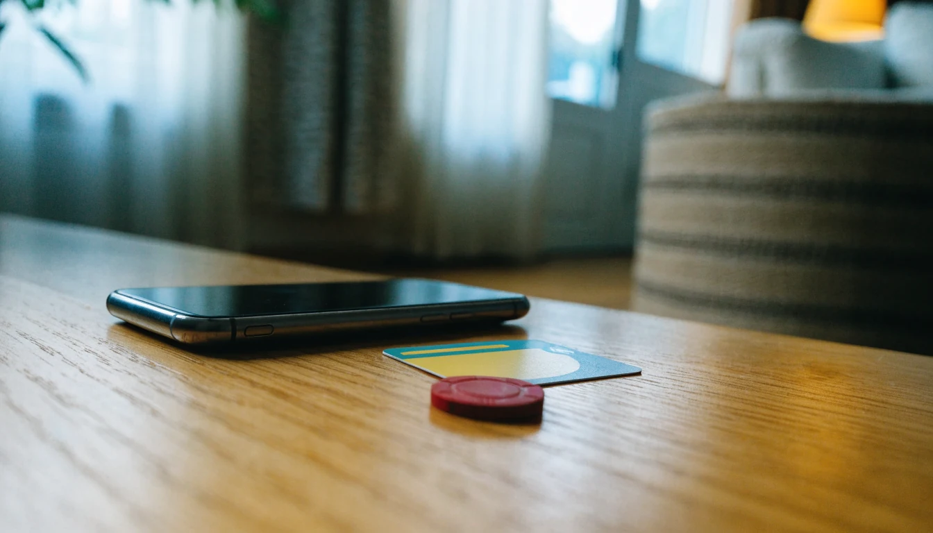 Smarttelefon, bankkort och casinopolle på minimalistiskt skandinaviskt bord