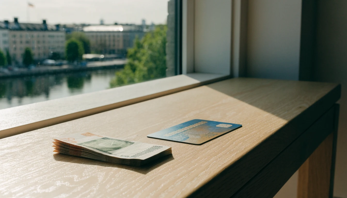 Bankkort och svenska kronor på ett ljust nordiskt bord vid fönster