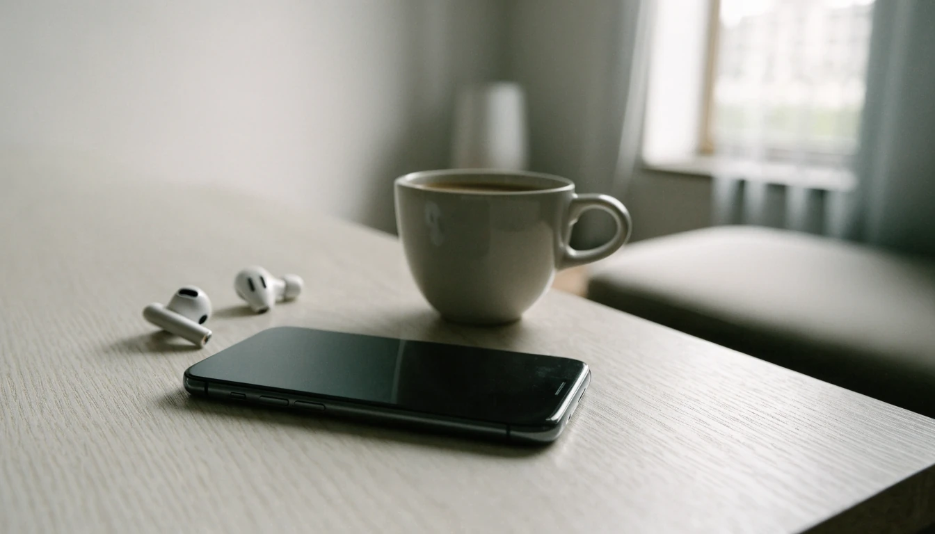 iPhone liggande med skärmen nedåt på en ljus björkträyta i minimalistisk skandinavisk miljö