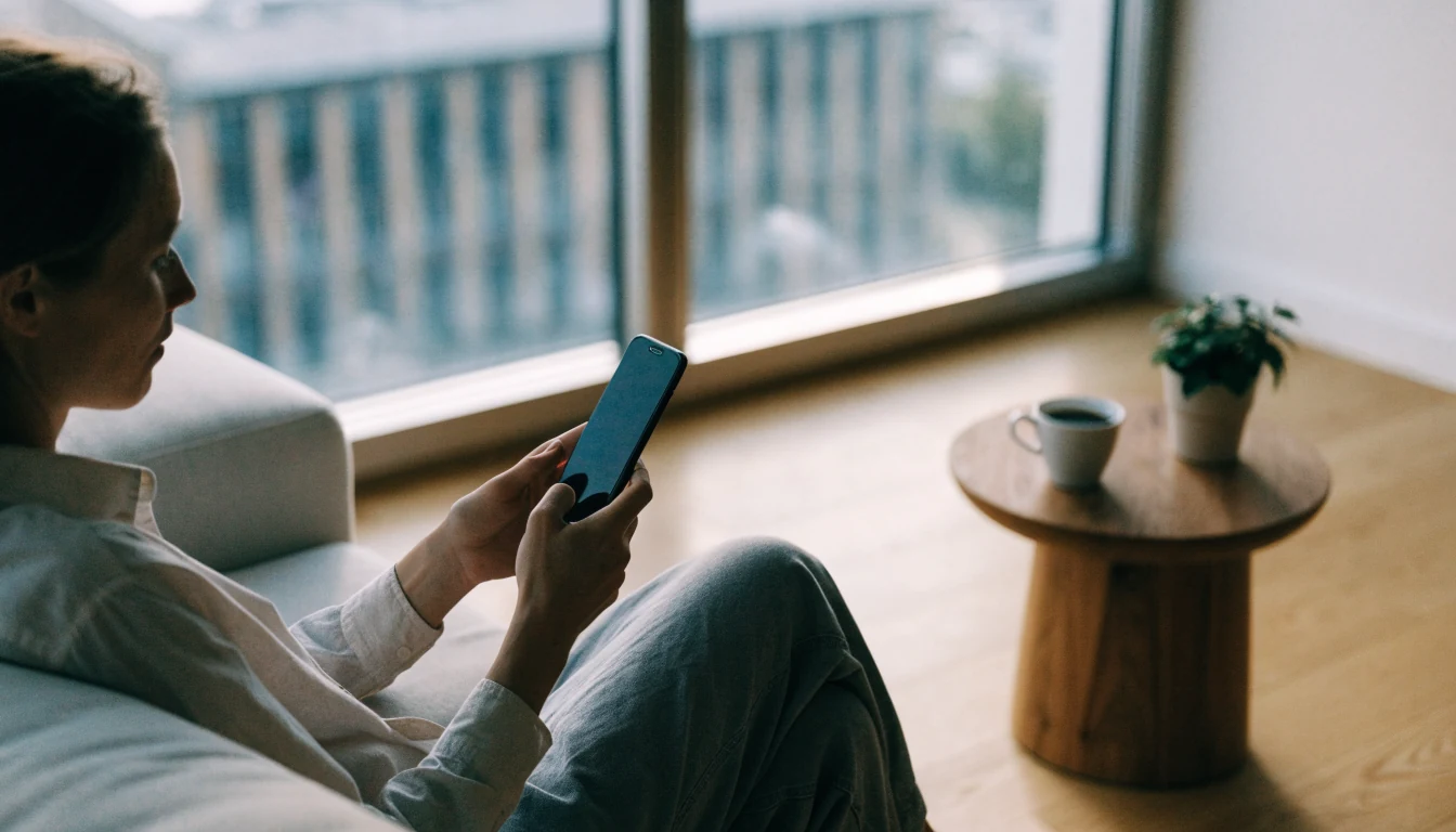 Person i ljus skandinavisk vardagsrum med telefon i handen