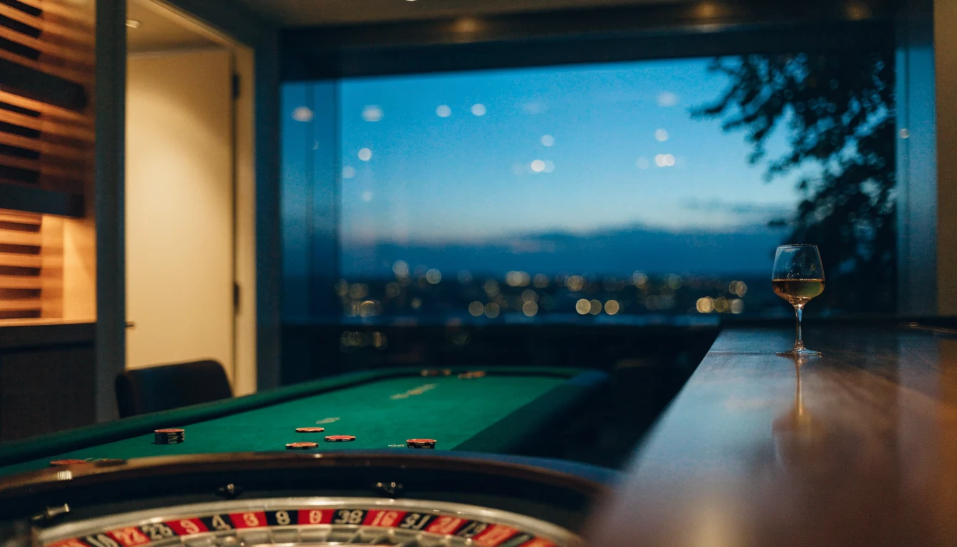 Elegant svensk casinolounge med roulettebord och insatsmarkörer i skymningsljus