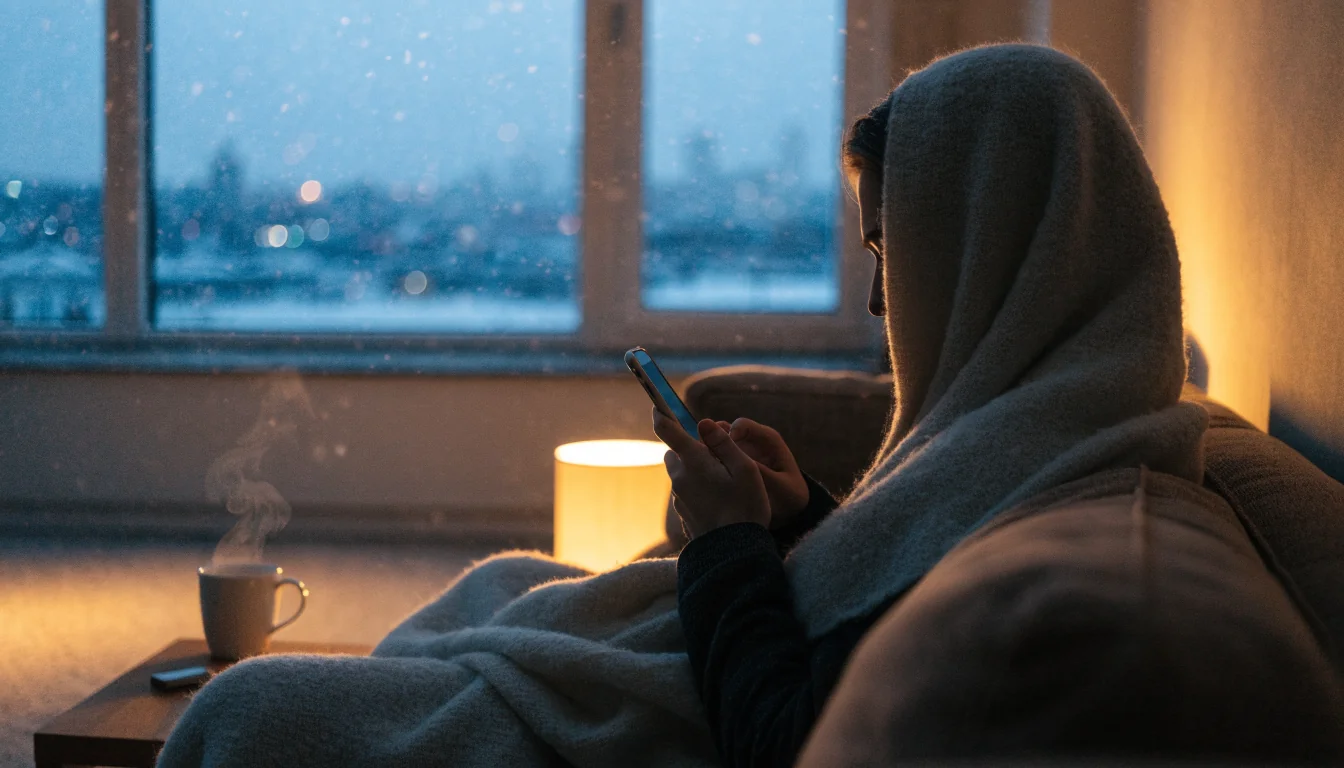 Person med smartphone i mysig svensk lägenhet en vinterkväll