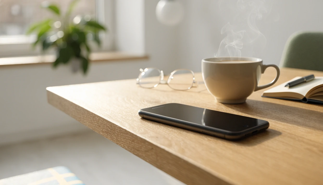 Smarttelefon vänd nedåt på minimalistiskt skandinaviskt skrivbord med kaffekopp och anteckningsbok