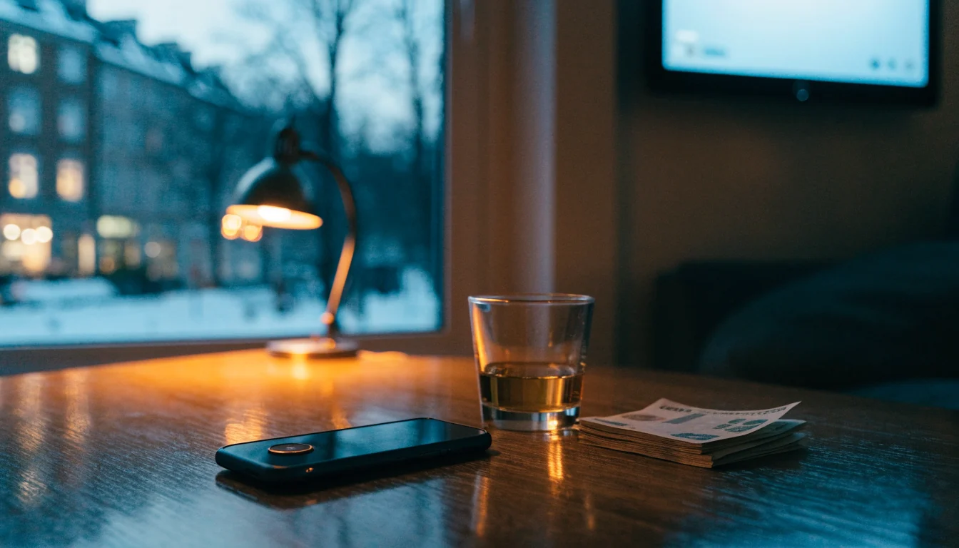 Smarttelefon p bordet i ett svenskt hem med kronorsedlar och varm belysning