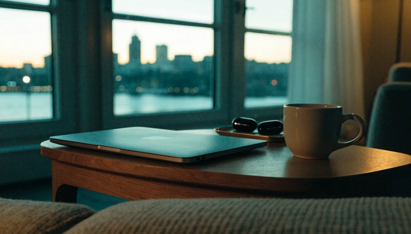 Mysigt vardagsrum i Sverige med laptop och kaffekopp vid vattnet