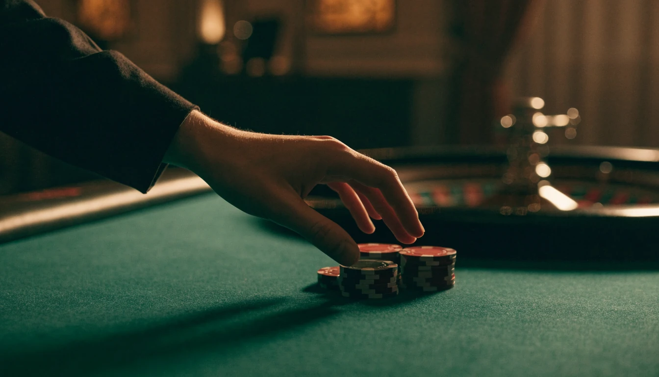 Hand vid casinospelsmark med marker och roulette i bakgrunden